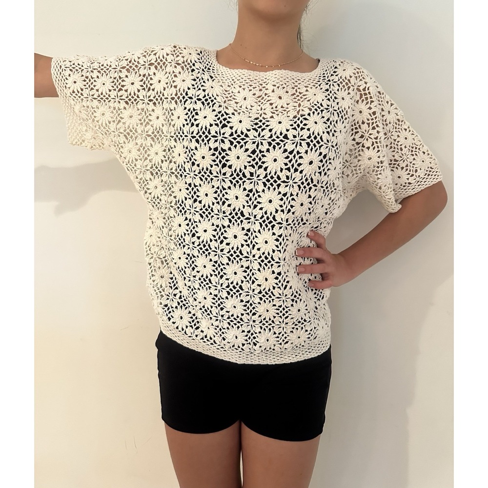 Handmade Top Women's 100% Cotton White Crochet Granny Square Cover Up Size M-L - Picture 13 of 13
